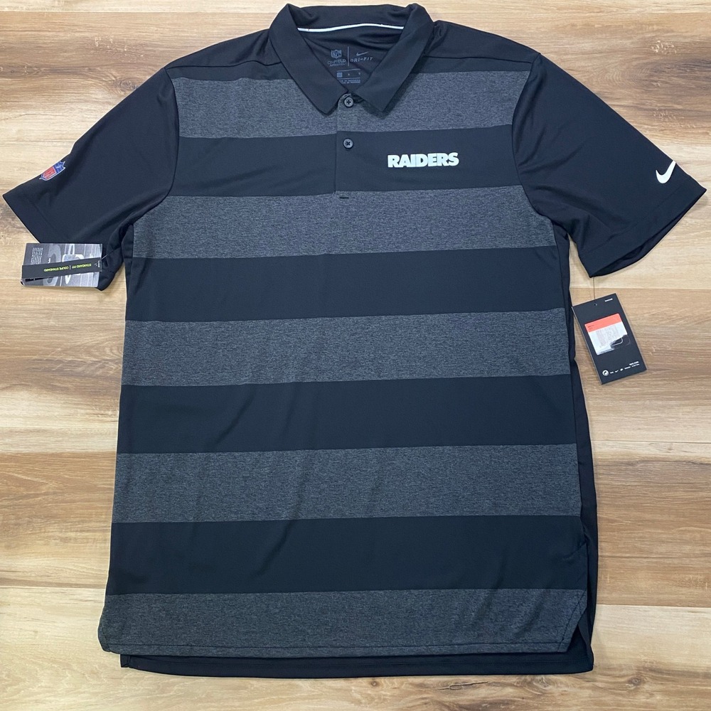Nike NFL Raiders Polo Large Onfield Apparel Dri-FIT Striped Standard Fit Black